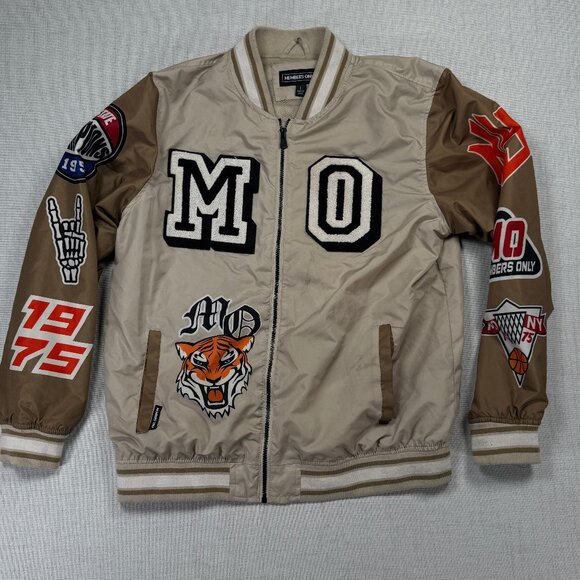 Members Only Varsity Bomber Jacket Beige Brown Patches Tiger Graphic Size L - Picture 1 of 16